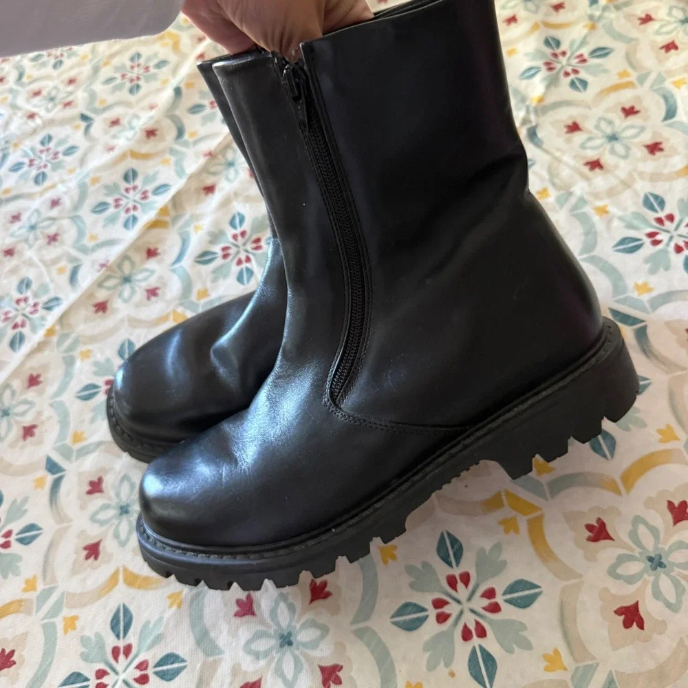 OC System Alpi Black Leather Winter Boots Faux Fur Lined Ice Grips Mens 42 US 9